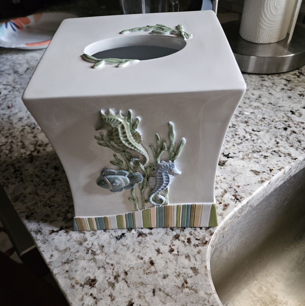 Tissue holder, creamy white with blue, green, tan,